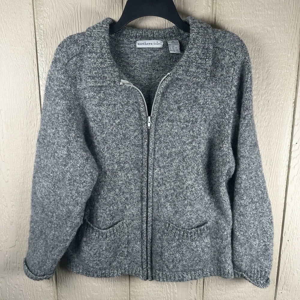 VINTAGE Northern Isles Shetland Wool Full Zip Sweater Women XL Gray Cardigan 90s